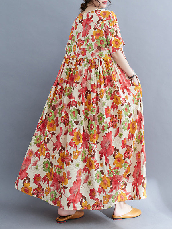 Loose Short Sleeves Pleated Printed Split-joint Round-neck Midi Dresses