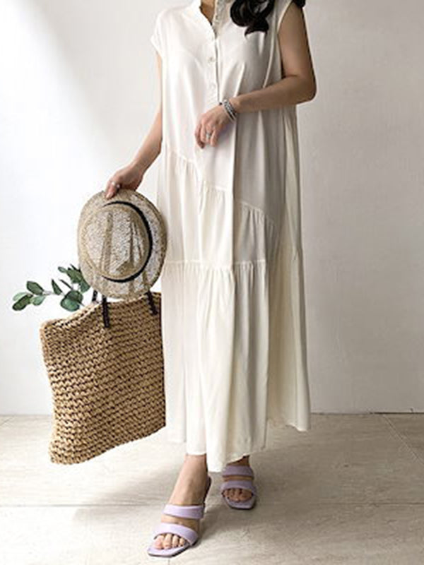 A-line Loose Buttoned Pleated Ruffled Color Split-joint Tiered Stand Collar Midi Dresses