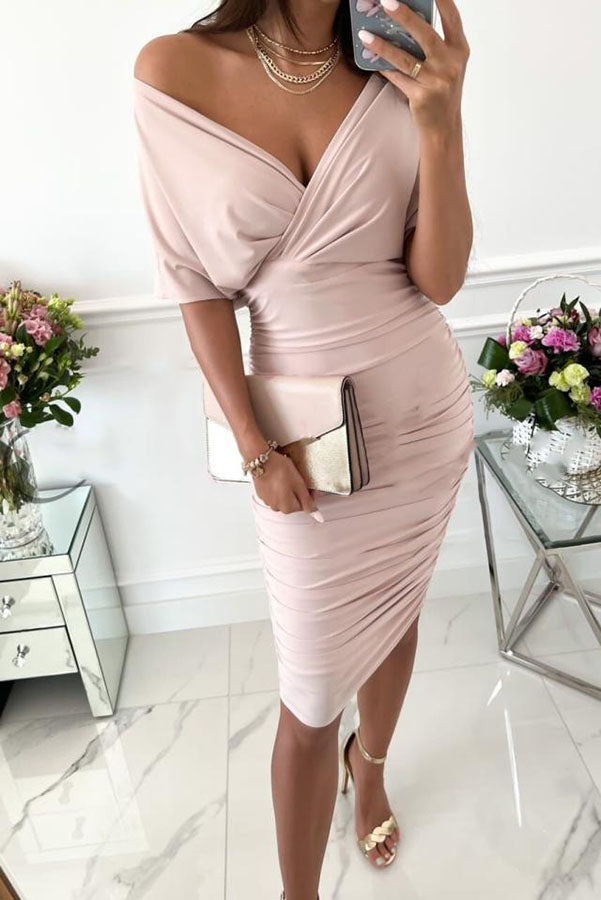 Day Batwing Sleeve Ruched Midi Dress