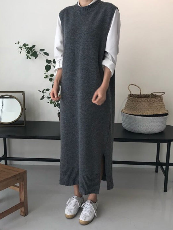 Urban Loose Sleeveless Color Round-neck Midi Dresses Sweater Dresses
