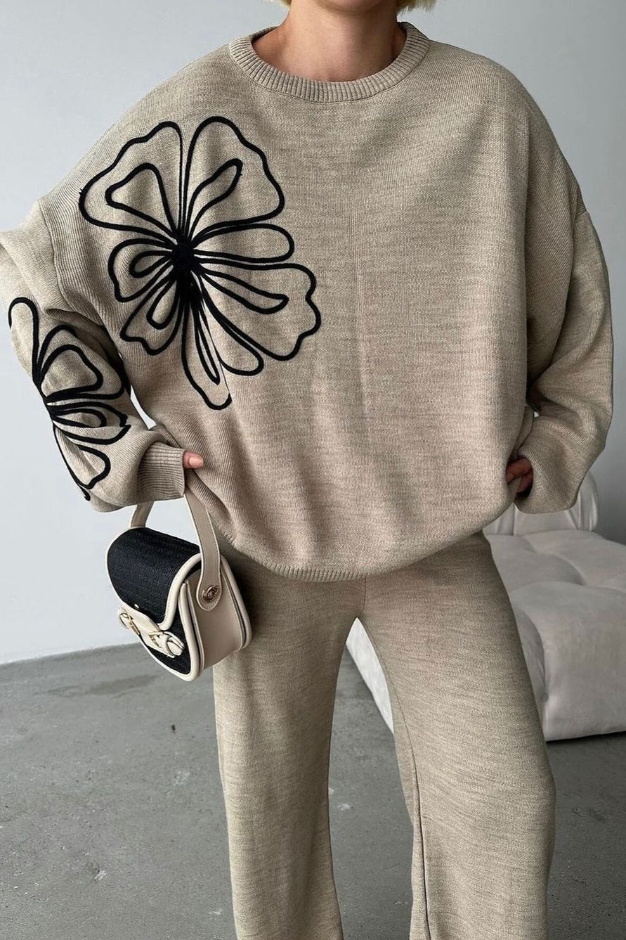 Round Neck Knit Sweater With Pants Two Piece Pants Set