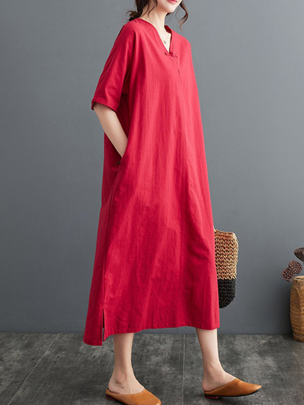 A-line Loose Chinese Frog Buttons Pockets Color Split-side V-neck Midi Dresses
