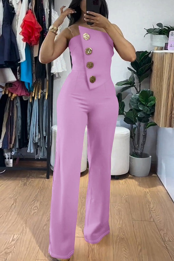 Color Tube Top Gold Button Embellished Bootcut Jumpsuit