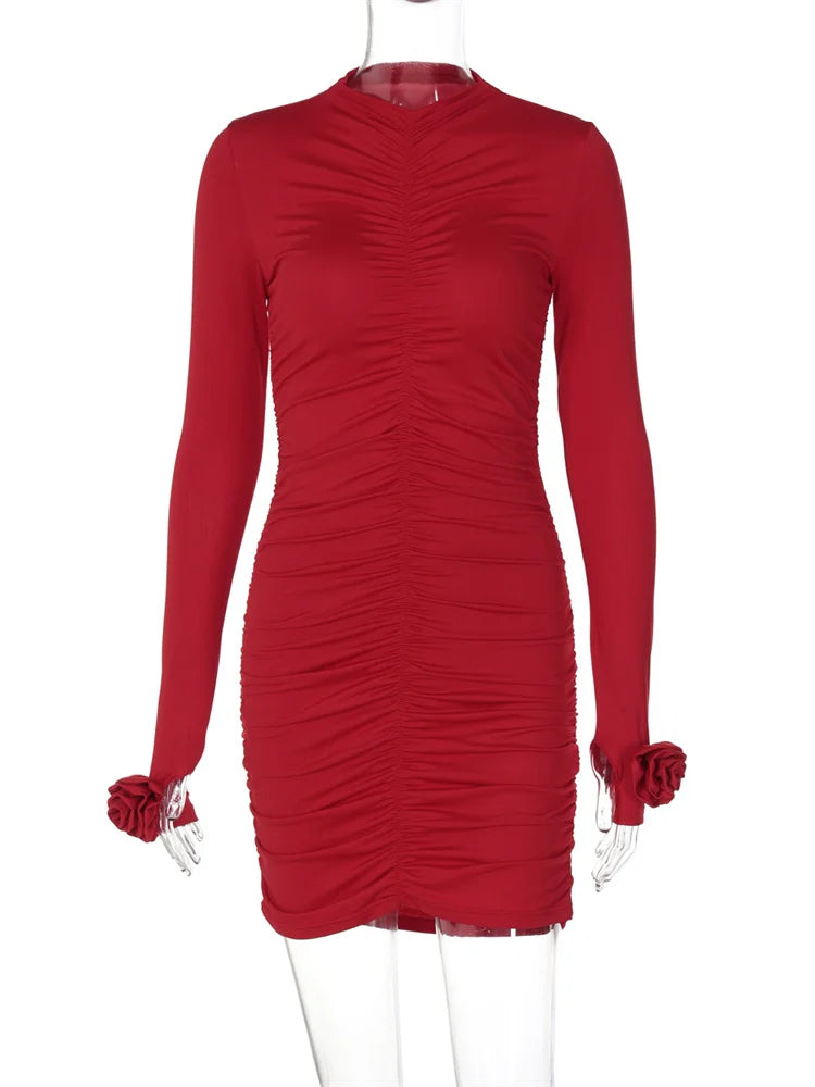 Slim Pleated Mini Dress ’s Long Sleeve High Waist Y2k Dress Female Autumn Clothes Mini Dress