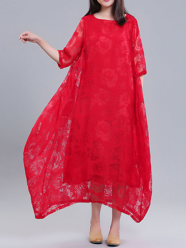 A-line Half Sleeves Flower Print See-through Color Round-neck Midi Dresses
