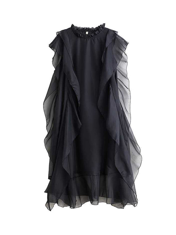 Loose Ruffle Sleeves Falbala Ruffled Color Round-neck Midi Dresses