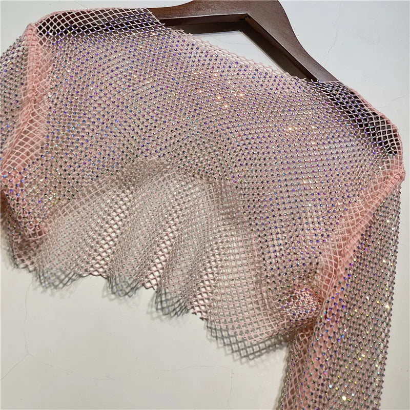 Sparkly Crystal T-shirts O-neck Hollow Out See Through Tank Tops Night Partywear Crop Shirts Tee Y2k Tops
