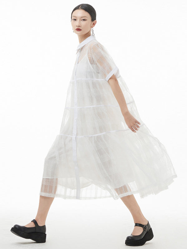 Original Color Hollow See-through Thin Midi Dress