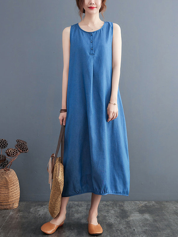 A-line Loose Buttoned Pleated Color Round-neck Midi Dresses