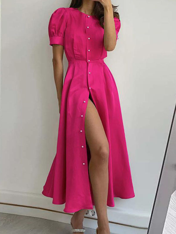 High Waisted Loose Buttoned Round-neck Midi Dresses
