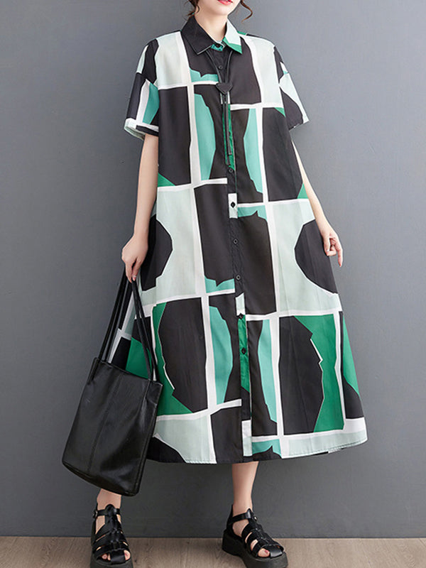 Loose Oversize Color-block Printed Lapel Midi Dresses Shirt Dress