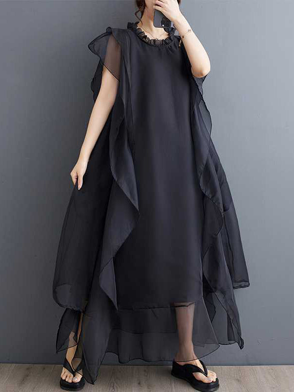 Loose Ruffle Sleeves Falbala Ruffled Color Round-neck Midi Dresses