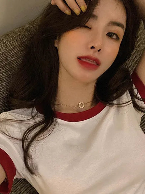 ’s Short Sleeve Crop Top O-neck T-shirt Henley Shirts Short Sleeve Blouse Color Ribbed Blouse
