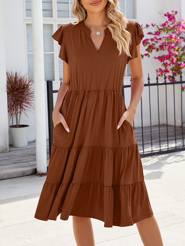 Loose Ruffle Sleeves Pleated Pockets Color Split-joint V-neck Midi Dresses