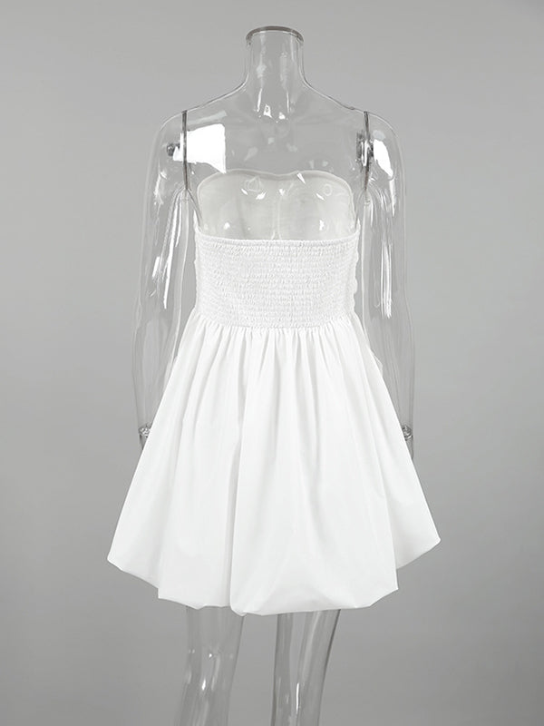 A-line High Waisted Elasticity Pleated Pockets Color Tube Mini Dresses