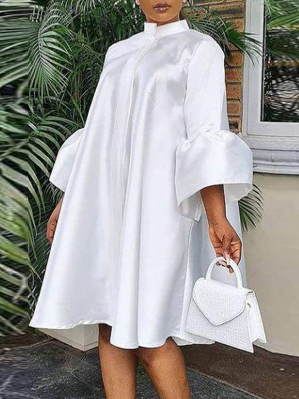 Urban Buttoned Color Stand Collar Flared Sleeve Loose Midi Dress