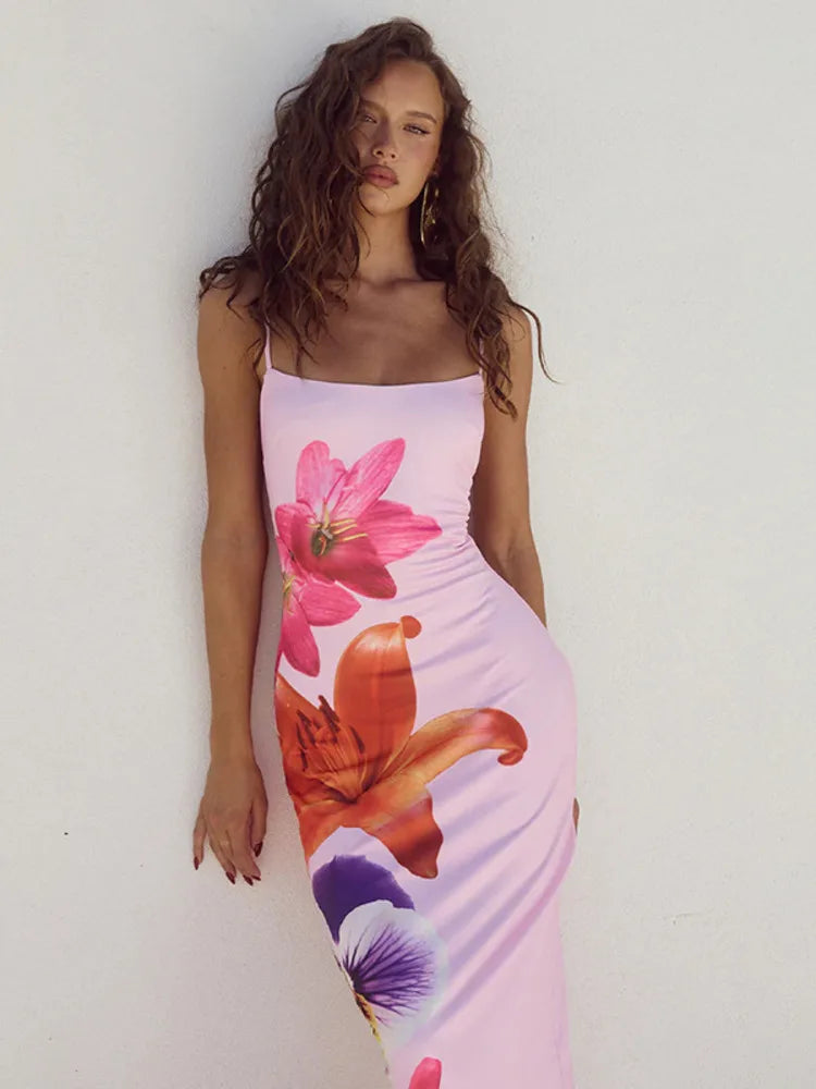 Floreal Print Long Dress for Gown Summer New Spaghetti Strap Sleeveless Backless Bodycon Midi Dress