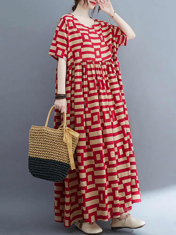 Loose Short Sleeves Plaid Round-neck Midi Dresses