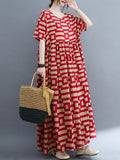 Loose Short Sleeves Plaid Round-neck Midi Dresses