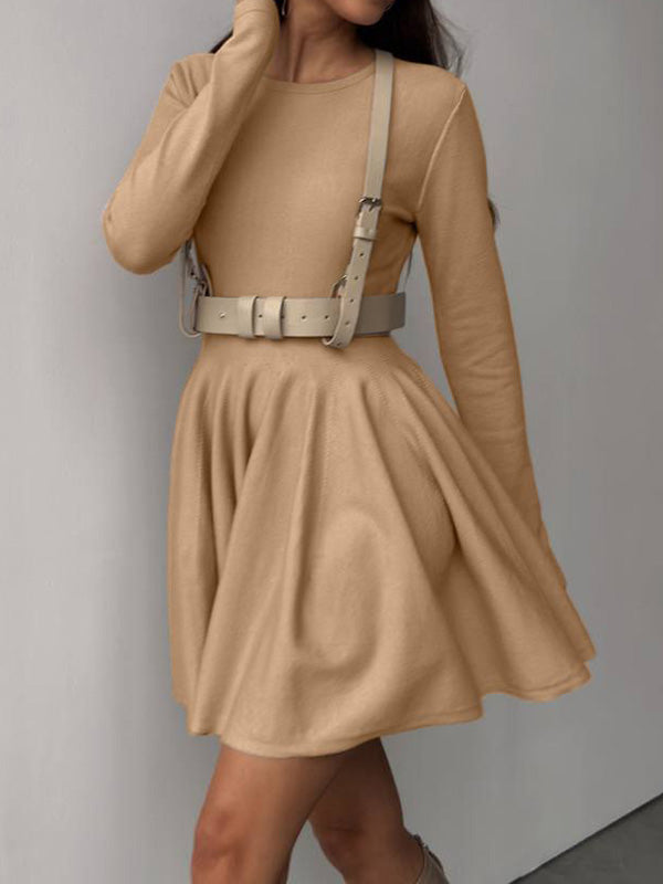A-line High Waisted No Belt Pleated Color Round-neck Mini Dresses