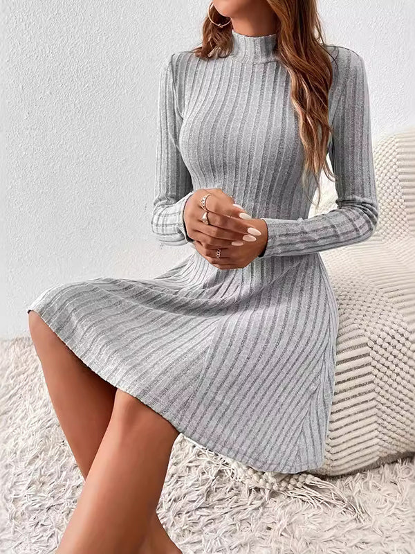 Long Sleeves Pleated Color Split-joint High Neck Mini Dresses
