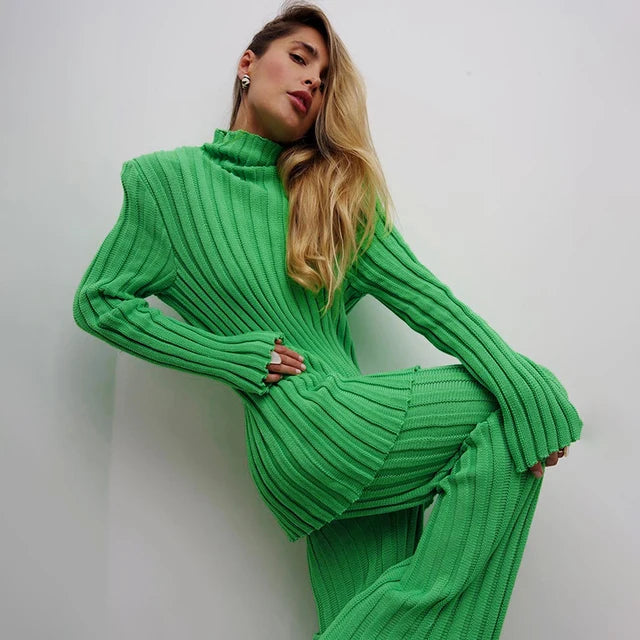 Ribbed ’s Turtleneck Sweater Green Long Sleeve Shrugs Knitwear Jumper Female Knitted Tops Autumn Winter