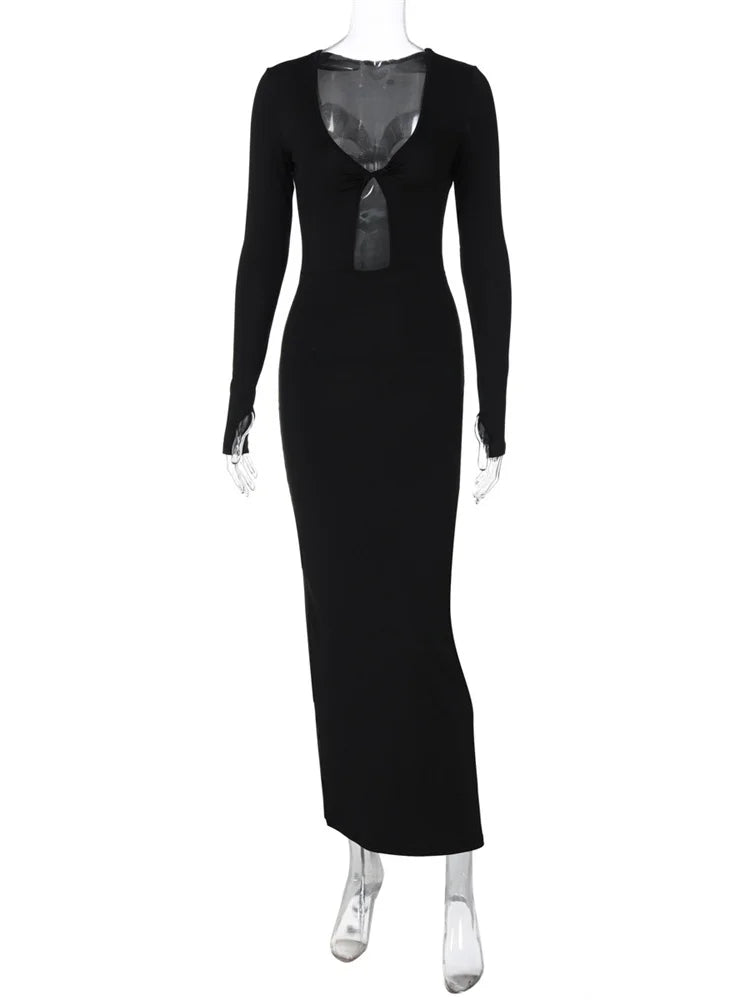 Hollow Out Slim Maxi Dress for V-neck High Waist Patchwork Autumn Party Dress Female Black Dress