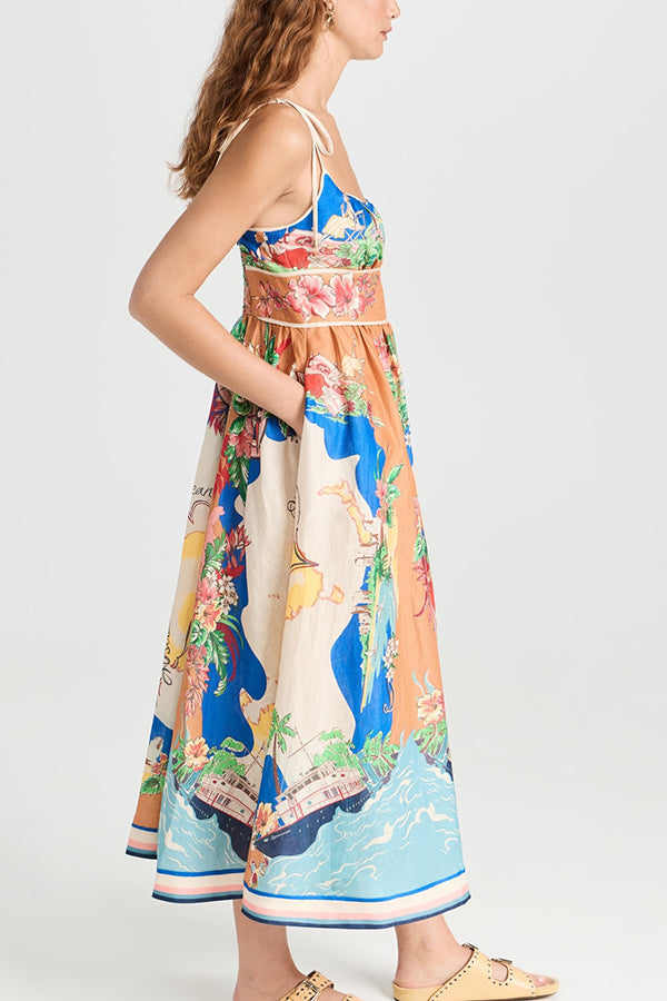 Unique Printed Lace-up Suspender Pockets Resort Style Midi Dress