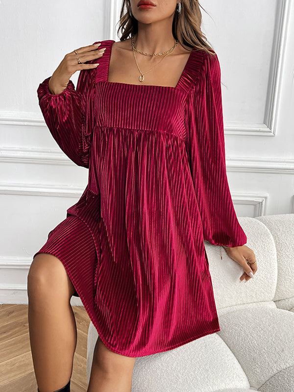 A-line High Waisted Pockets Color Split-joint Velvet Square-neck Mini Dresses