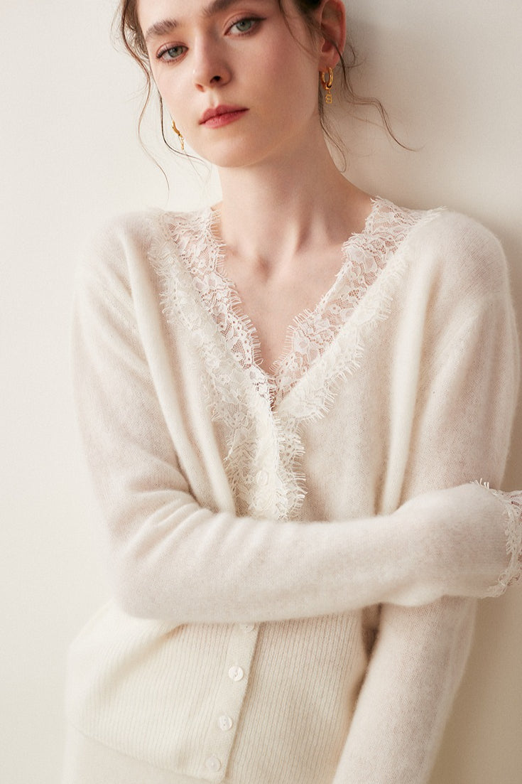 Cashmere Lace-trimmed V-neck Knit Cardigan