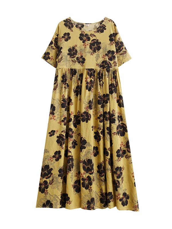 Loose Short Sleeves Pleated Printed Split-joint Round-neck Midi Dresses