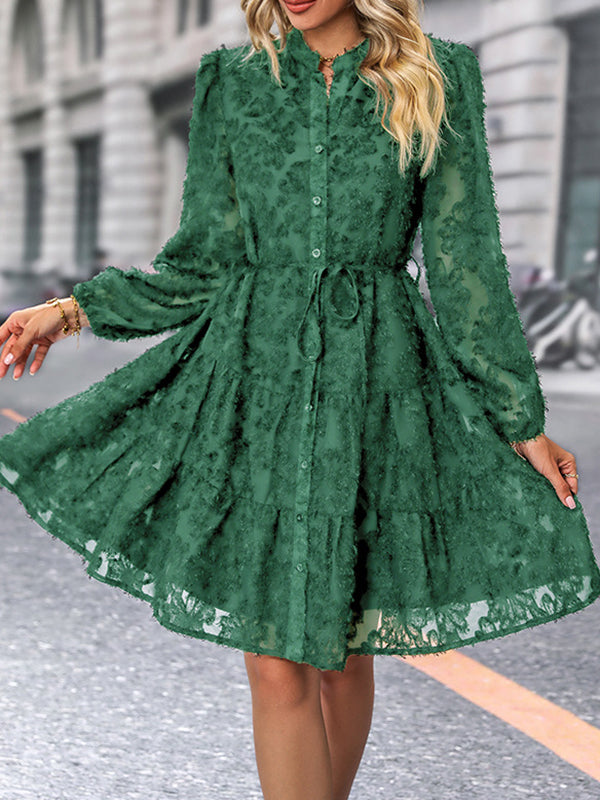 A-line Long Sleeves Buttoned Elasticity Jacquard Pleated Color Tied Waist Stand Collar Mini Dresses