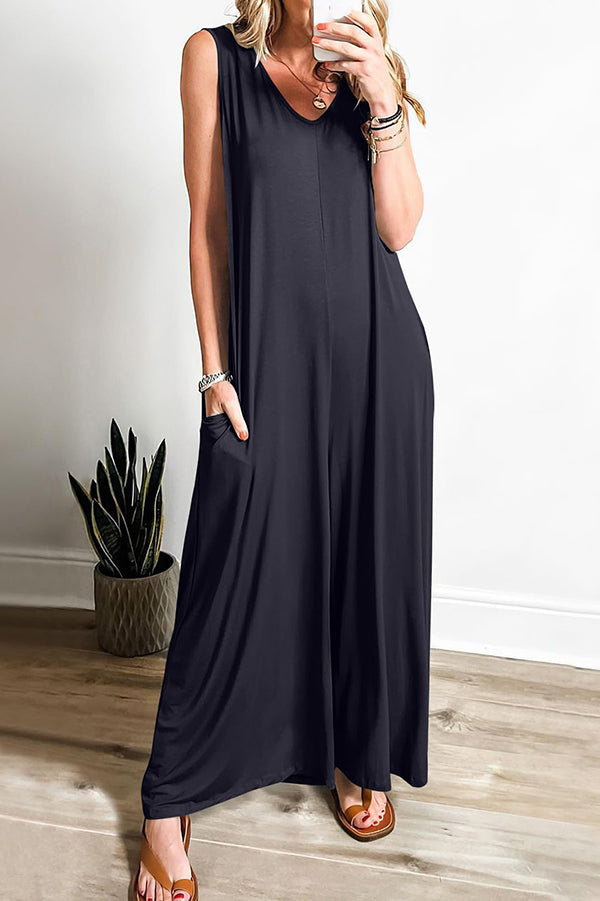 Color V-neck Sleeveless Loose Pocket Wide-leg Jumpsuit