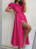 High Waisted Loose Buttoned Round-neck Midi Dresses
