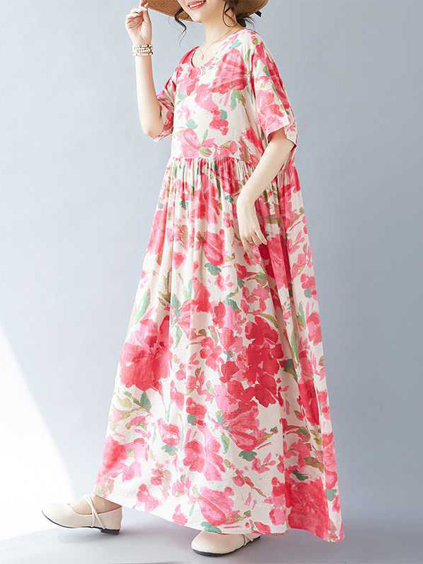 A-line Batwing Sleeves Flower Print Pleated Split-joint Round-neck Midi Dresses