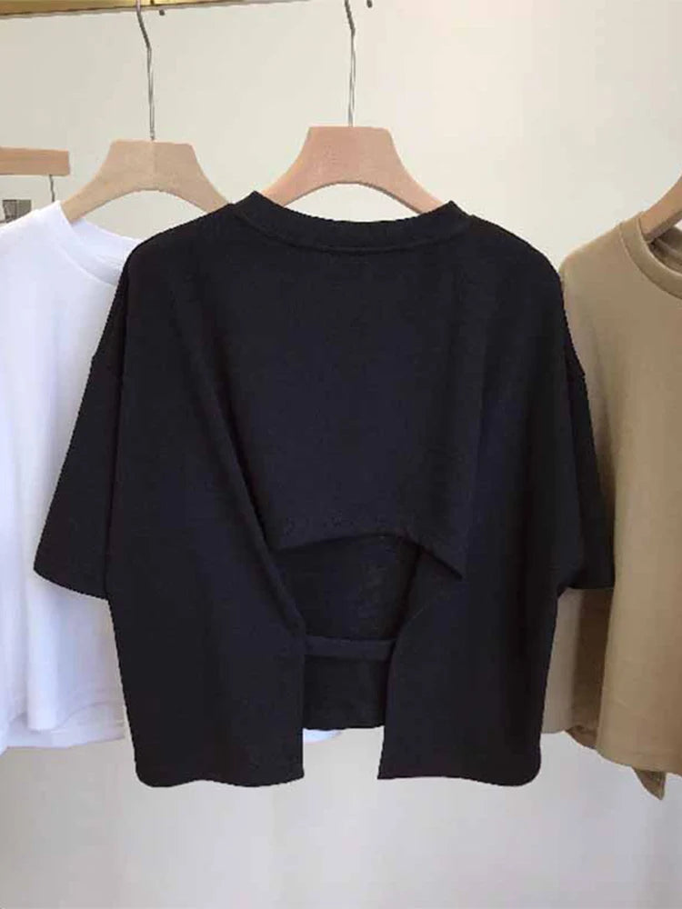 Summer New Backless T-shirt Korean Round Neck Loose Sweet Spicy Wind Short-sleeved Crop Tops
