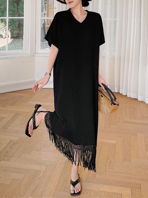 Loose Short Sleeves Color Split-joint Tasseled V-neck Midi Dresses