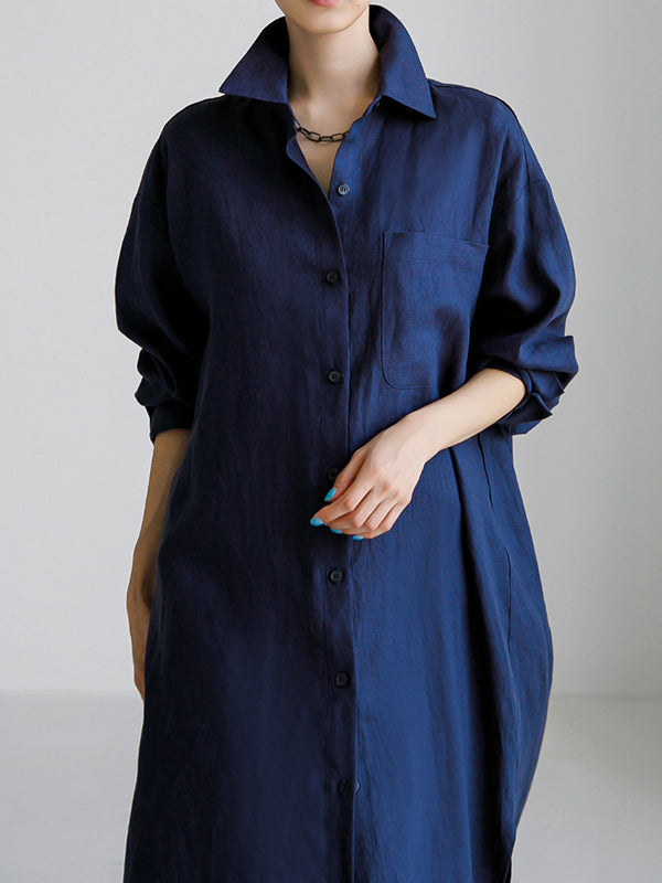 Simple Long Sleeves Split-side Color Lapel Midi Dresses Shirt Dress