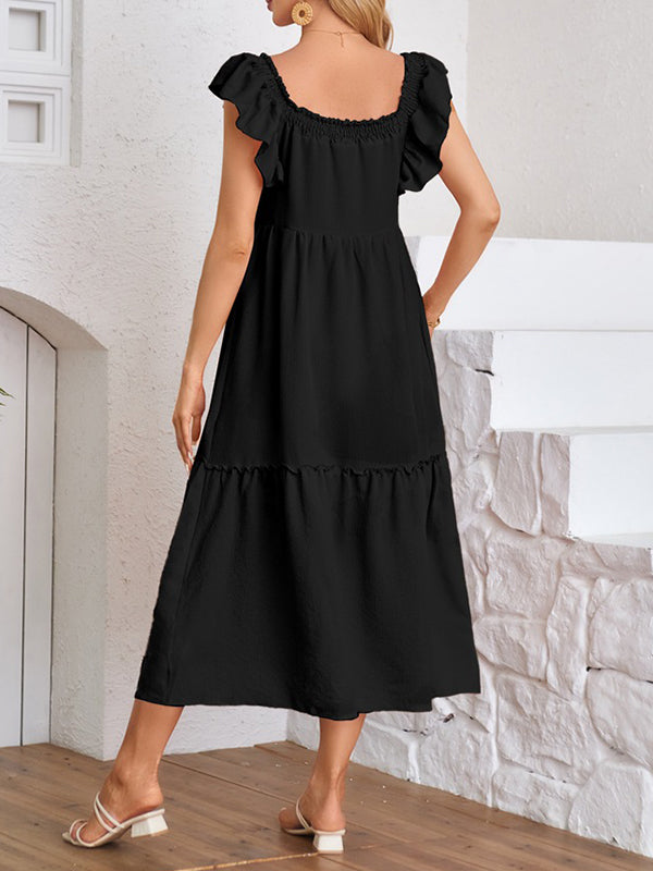 A-line Loose Elasticity Pleated Ruffled Color Split-joint Off-the-shoulder Midi Dresses