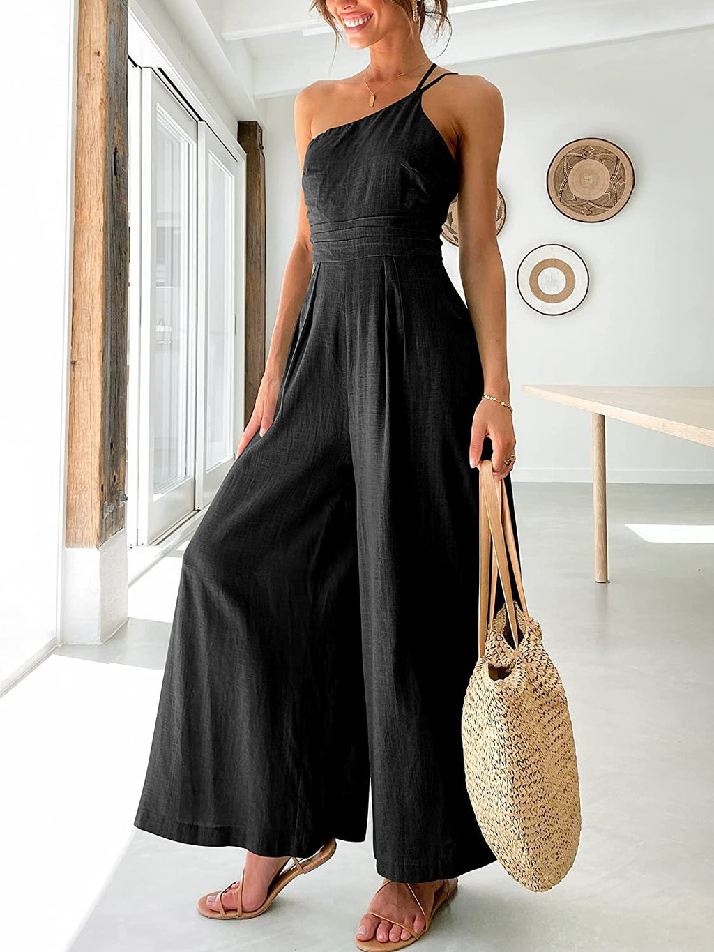 Sling Waist Pocket Straight Sleeveless Jumpsuit