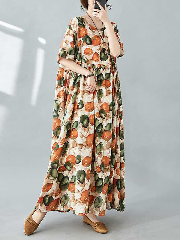 Half Sleeves Loose Pleated Printed Split-joint Round-neck Midi Dresses