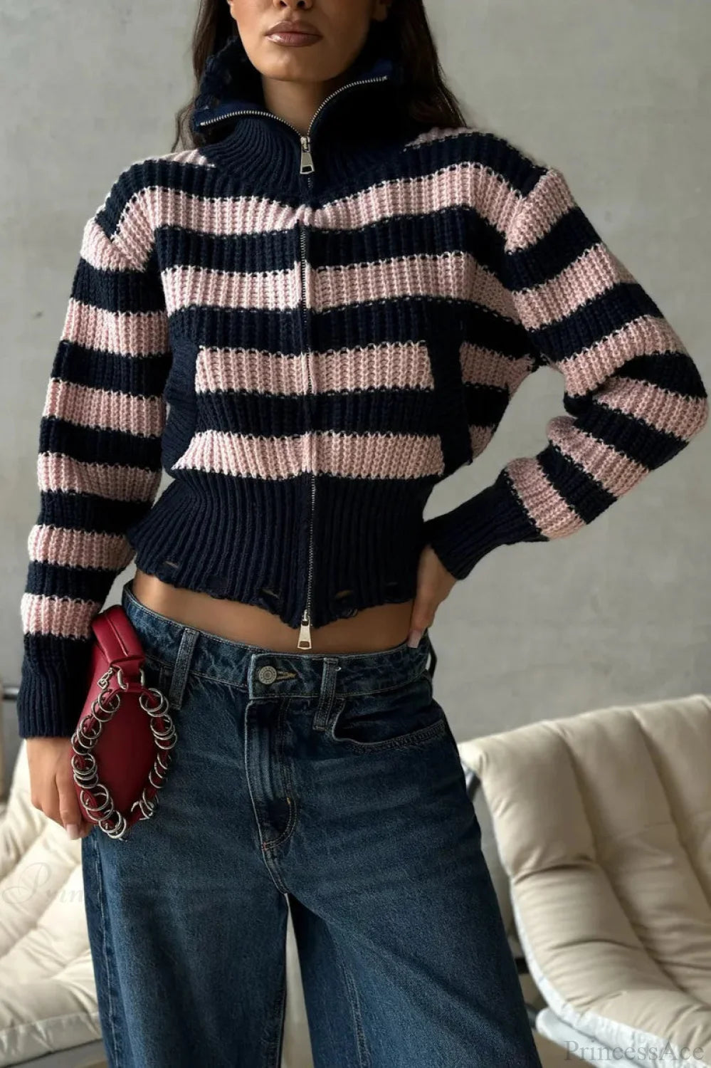 Distressed Color Block Striped Zip Cardigan