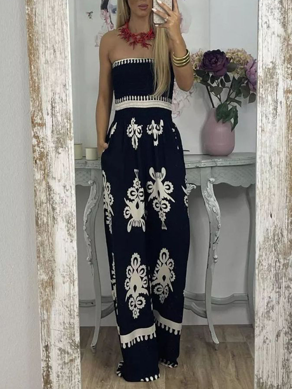 Printed Chest Wrap Jumpsuit Feminine