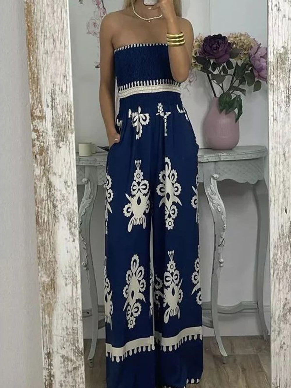 Printed Chest Wrap Jumpsuit Feminine
