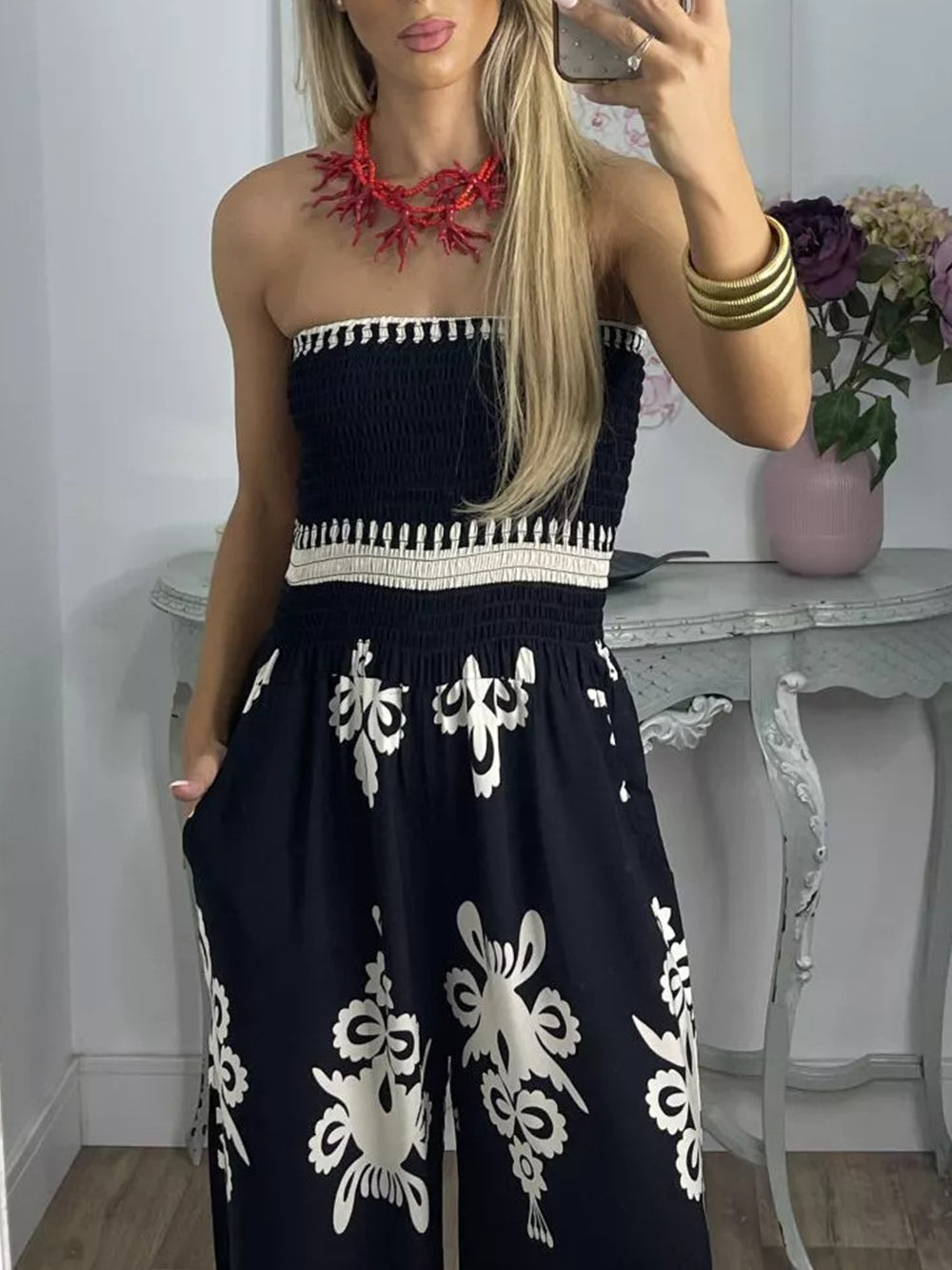 Printed Chest Wrap Jumpsuit Feminine
