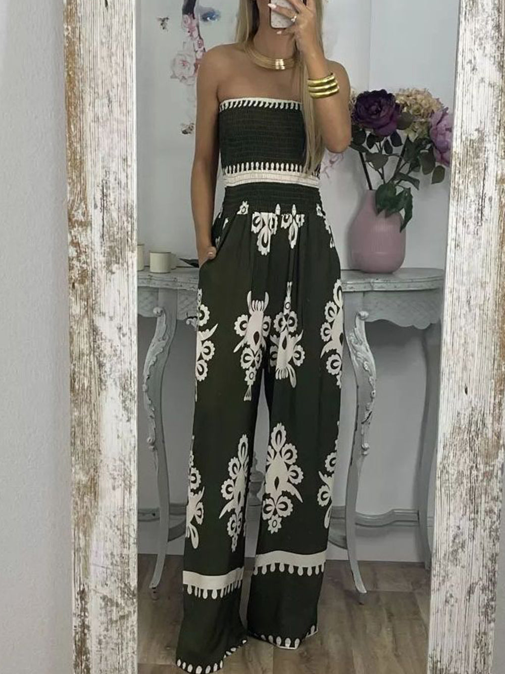 Printed Chest Wrap Jumpsuit Feminine
