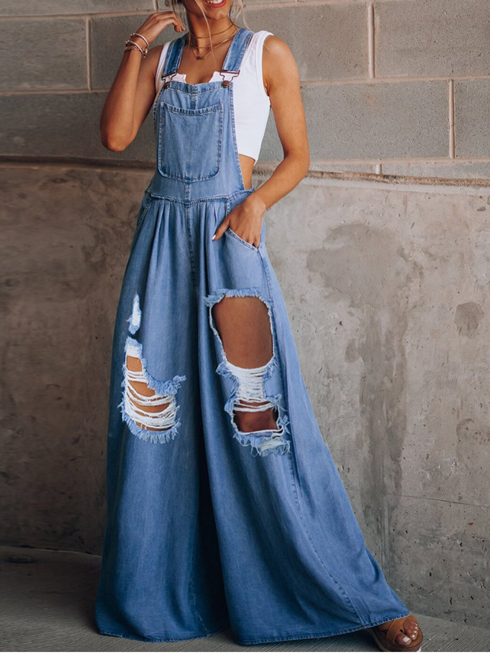 Color Loose Ripped Denim Overalls