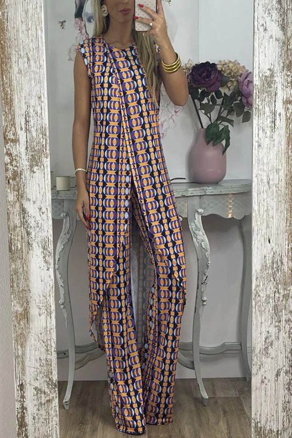 Retro Print Split Top Two-piece Set