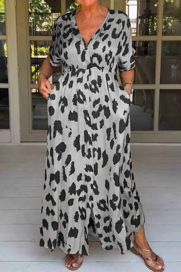 Leopard Print Loose V-neck Short-sleeved Pocket Midi Dress