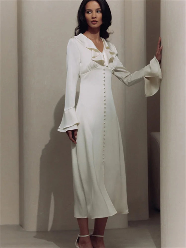 Ruffled for Long Dress V-neck Patchwork Long Sleeve Slim Party Dress Gown White Spring Maxi Dress